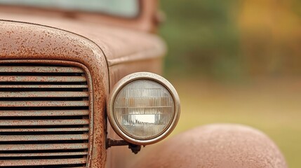 A close up of the front end of an old rusty truck