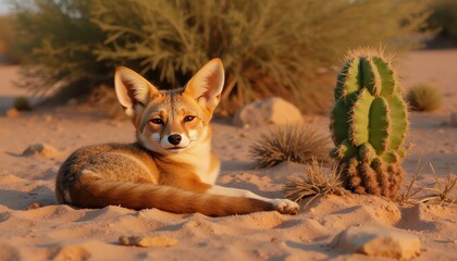 Fototapeta premium A fox is lying on the sandy ground in a desert environment, next to a cactus. The background includes desert vegetation and rocks, creating a typical arid landscape