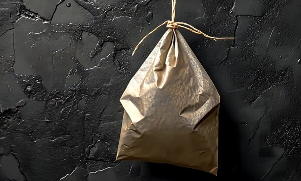 A tied brown paper bag hanging against a textured black wall, suggesting a rustic or artisanal theme.
