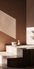 A minimalist interior featuring wooden steps and ceramic bowls bathed in natural sunlight, showcasing modern home decor with warm earth tones.