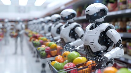 Fototapeta premium Futuristic Grocery Shopping: Robots Revolutionizing Retail