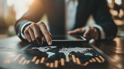 A cross-border financial strategy meeting, with blurred hands pointing at a tablet, suggesting collaboration. The background shows a professional in a formal three-piece suit, lean