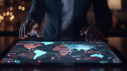 A global financial insights session, where blurred hands hover over a semi-transparent tablet with colorful digital feedback. A professional in a business suit in the background is