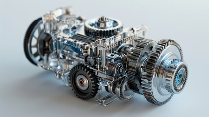 Detailed 3D Render of a Transparent Engine Gearbox