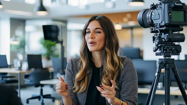 Businesswoman recording interview with video camera in office