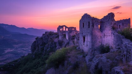 Fototapeta premium Ancient ruins bathed in sunset light, overlooking a serene valley.