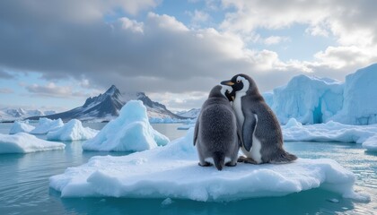 Two penguins stand on an ice floe in a serene, icy landscape with icebergs and a mountain in the background. The scene captures the beauty of polar wildlife and the pristine environment