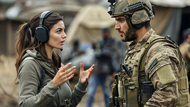War correspondent interviewing soldier in war zone