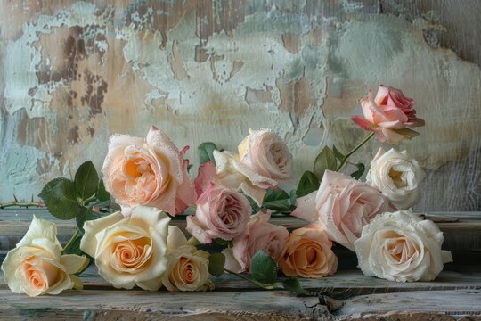 Elegant arrangement of pale roses and lavender blooms on rustic wooden surface creating a serene floral display for home decor