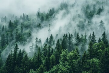 Misty forest landscape with evergreen trees enveloped in fog during early morning hours