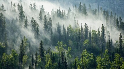 Misty Forest Landscape with Lush Greenery and Vibrant Plants in a Thriving Ecosystem