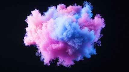Fototapeta premium Vibrant pink and blue smoke cloud billowing against a solid black background, showcasing abstract fluid dynamics.
