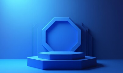 Minimalist Background with Embossed 3D Shape. Blue Gradient Surface with Extruded Hexagon.