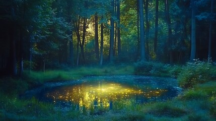 Fototapeta premium A Serene Forest Clearing with a Glowing Portal at Its Center, Surrounded by Lush Greenery and Ethereal Light, Creating a Mystical and Dreamlike Atmosphere in a Tranquil Woodland Setting