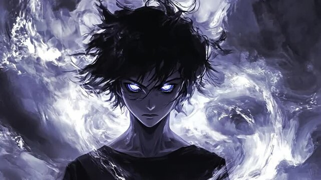 Dark anime boy with glowing eyes emerging from a storm cloud
