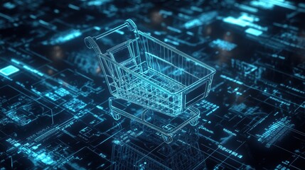 Glowing shopping cart hologram digital sale promotion poster design for holiday shopping season.