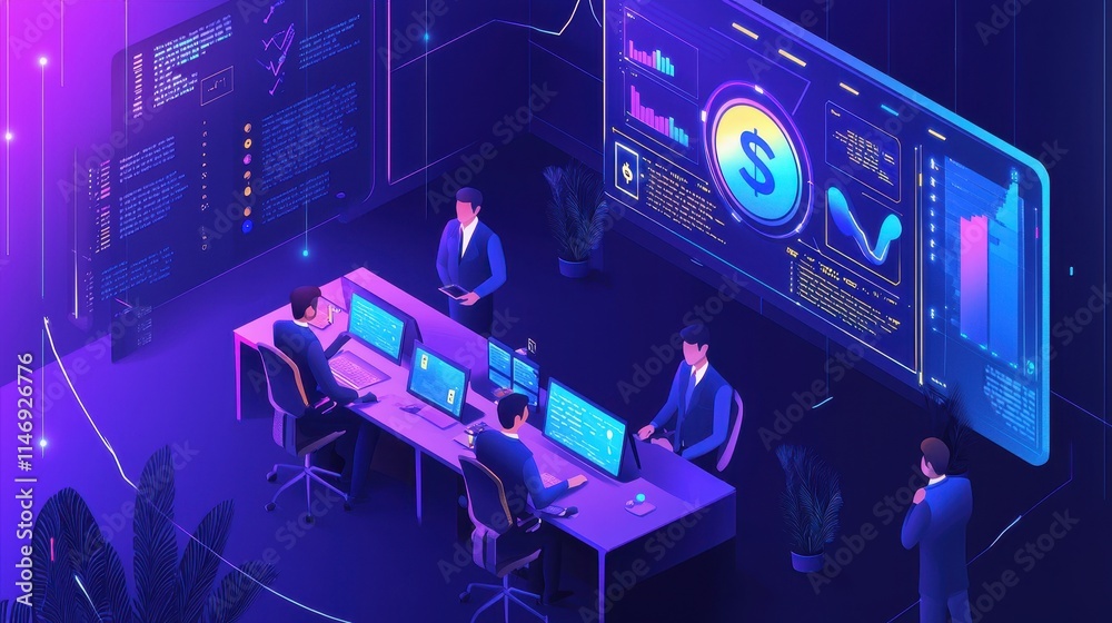 Poster collaborative team of financial experts analyzing data in high-tech workspace with advanced visualiz