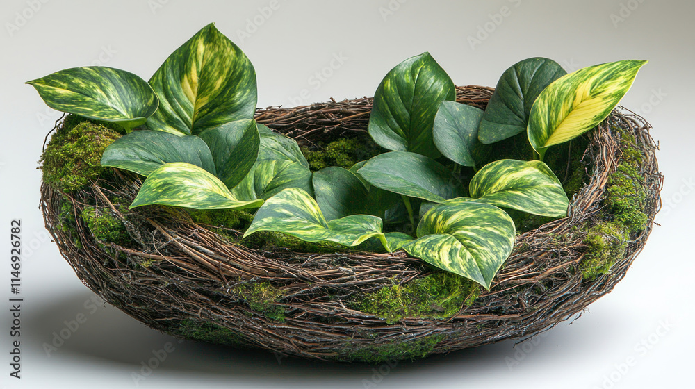 Wall mural Variegated plant in a moss-lined bird nest.