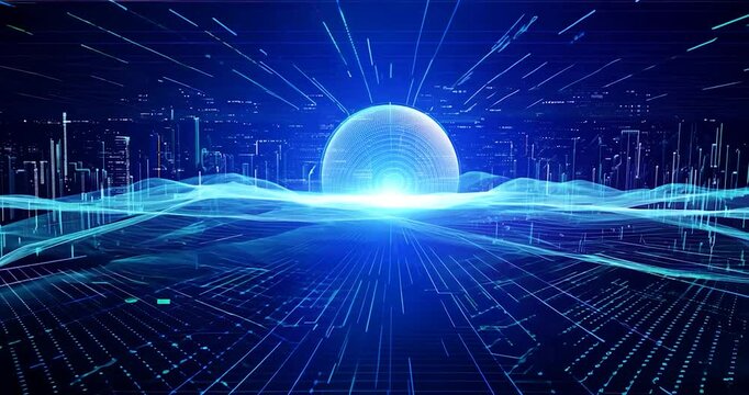 A blue virtual world with flowing data streams and constantly moving binary code, representing the concept of high speed data transfer and network systems.