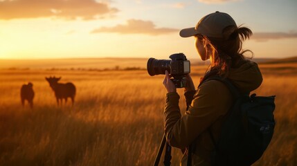 Obraz premium Capturing the Moment: A female photographer silhouetted against a breathtaking sunset, focusing her lens on a pair of zebras in the golden grasslands.