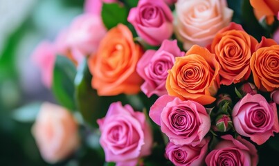 Obraz premium Floral Wallpaper with Orange and Pink Roses. Colorful Mother's Day Background with Multicolored Flowers.