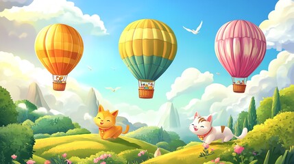 Fototapeta premium Whimsical scene with cats and colorful hot air balloons in nature.