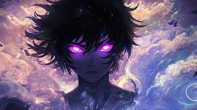 Dark anime boy emerging from a purple nebula with glowing eyes