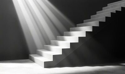 Obraz premium Geometric black-and-white staircase with sharp, precise angles, dramatic light, and shadow interplay. .