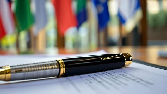International business deal signing with flags present
