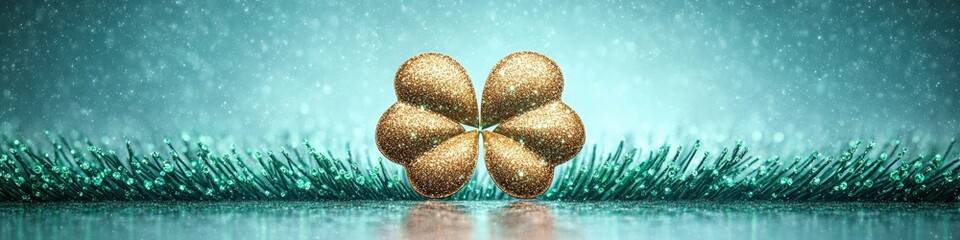 Naklejka premium Golden clover quartet against a shimmering turquoise background with artistic reflections, symbolizing luck, prosperity, nature's beauty, and elegance in fine art