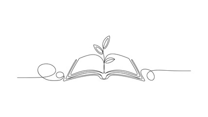 Continuous Line Drawing of Open Book with Growing Plant | Knowledge and Growth Concept Vector