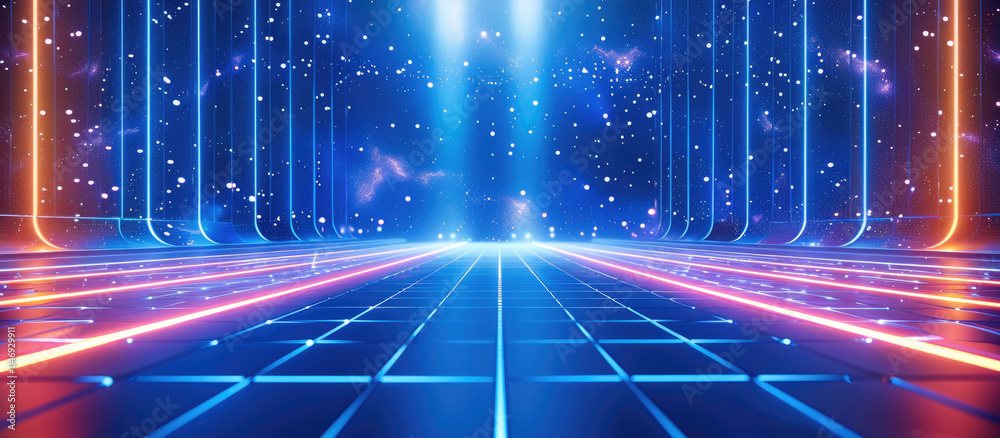 Aufkleber a blue background with light lines on the floor, a grid of squares on the top and bottom, white neon