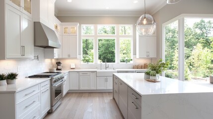 Fototapeta premium Bright, modern kitchen with white cabinets, quartz countertops, and hardwood floors.