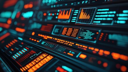 Fototapeta premium Futuristic User Interface with Streamlined Data Visualizations, Graphs, and Neon Accents in a High-Tech Control Room Environment for Advanced Technology Themes