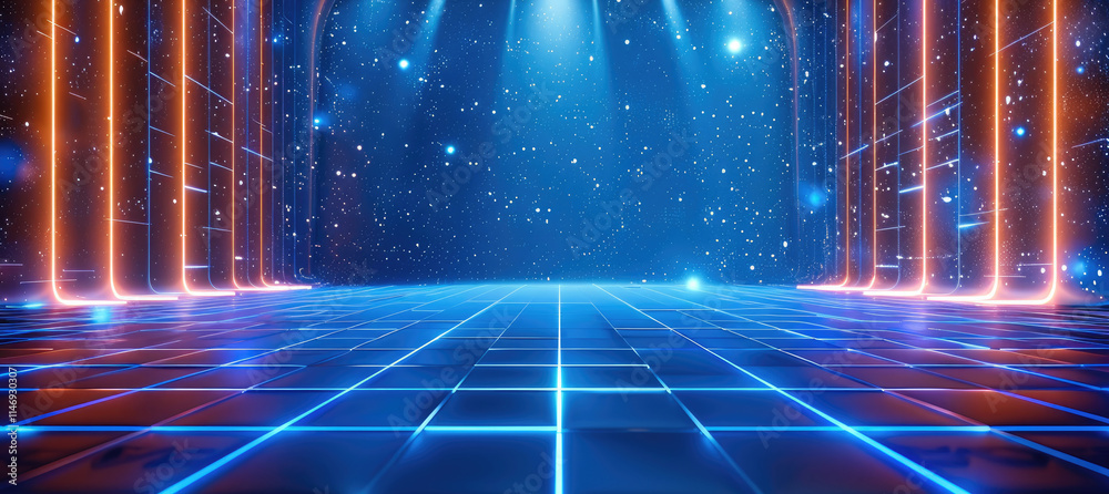 Aufkleber a blue background with light lines on the floor, a grid of squares on the top and bottom, white neon