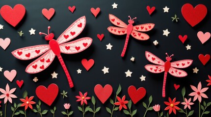 Fototapeta premium Romantic Valentine Dragonflies with Hearts on Dark Background