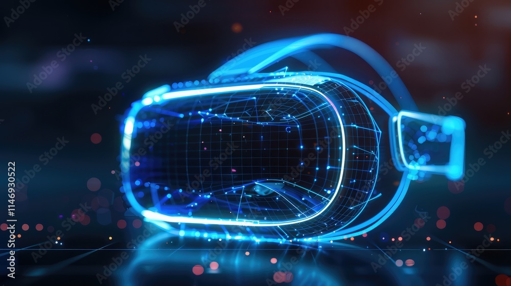 Poster a wireframe hologram of a vr headset on a dark blue background, with glowing lines in a white color 