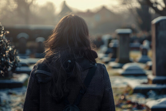 Generative AI rear view image of sad unhappy young woman cemetery scene