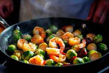 Sizzling shrimp and brussels sprouts cooked to perfection on a sunny afternoon