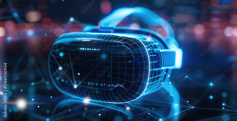 Poster a wireframe hologram of a vr headset on a dark blue background, with glowing lines in a white color 
