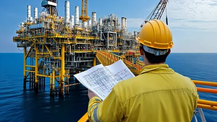 Petroleum engineer reviewing safety plans offshore