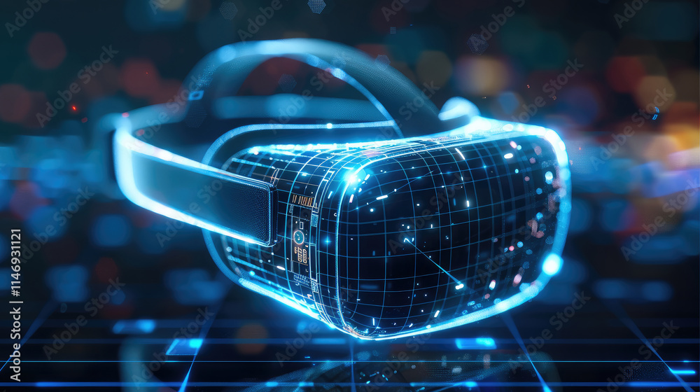 Aufkleber A wireframe hologram of a VR headset on a dark blue background, with glowing lines in a white color with a blue glow effect.