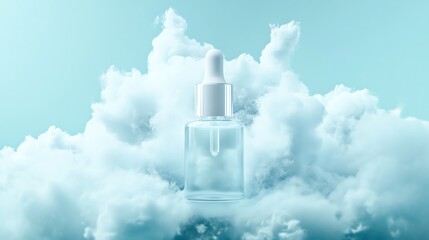 A clear bottle surrounded by soft clouds against a blue backdrop.