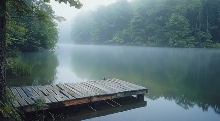 A serene lakeside scene with a wooden dock, mist rising from the water, surrounded by lush greenery, peaceful atmosphere.