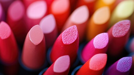 Close-up of vibrant, colorful lipstick tips in various shades.