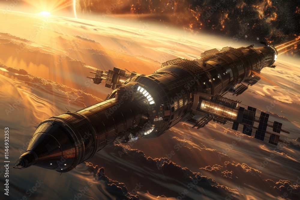 Leinwandbilder spaceship exploring a distant planet during twilight in a vibrant cosmic landscape with stars and cl