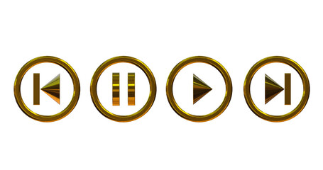 Golden media player buttons on png transparent background.
