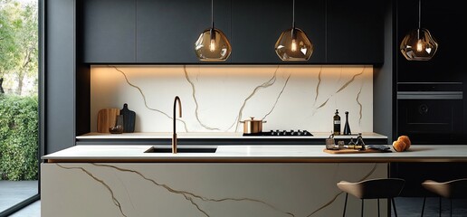 Modern kitchen featuring sleek design, elegant lighting, and minimalist decor.