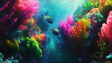 Fototapeta premium A vibrant coral reef with exaggerated neon hues of green, blue, and pink, featuring intricate corals, tropical fish swimming dynamically, and soft water bubbles accenting the scene. Sharp edges and fi