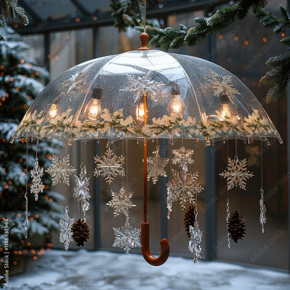 Poster an umbrella-shaped device made of pine leaves and pine cones is hung in the air indoors. crystal cle